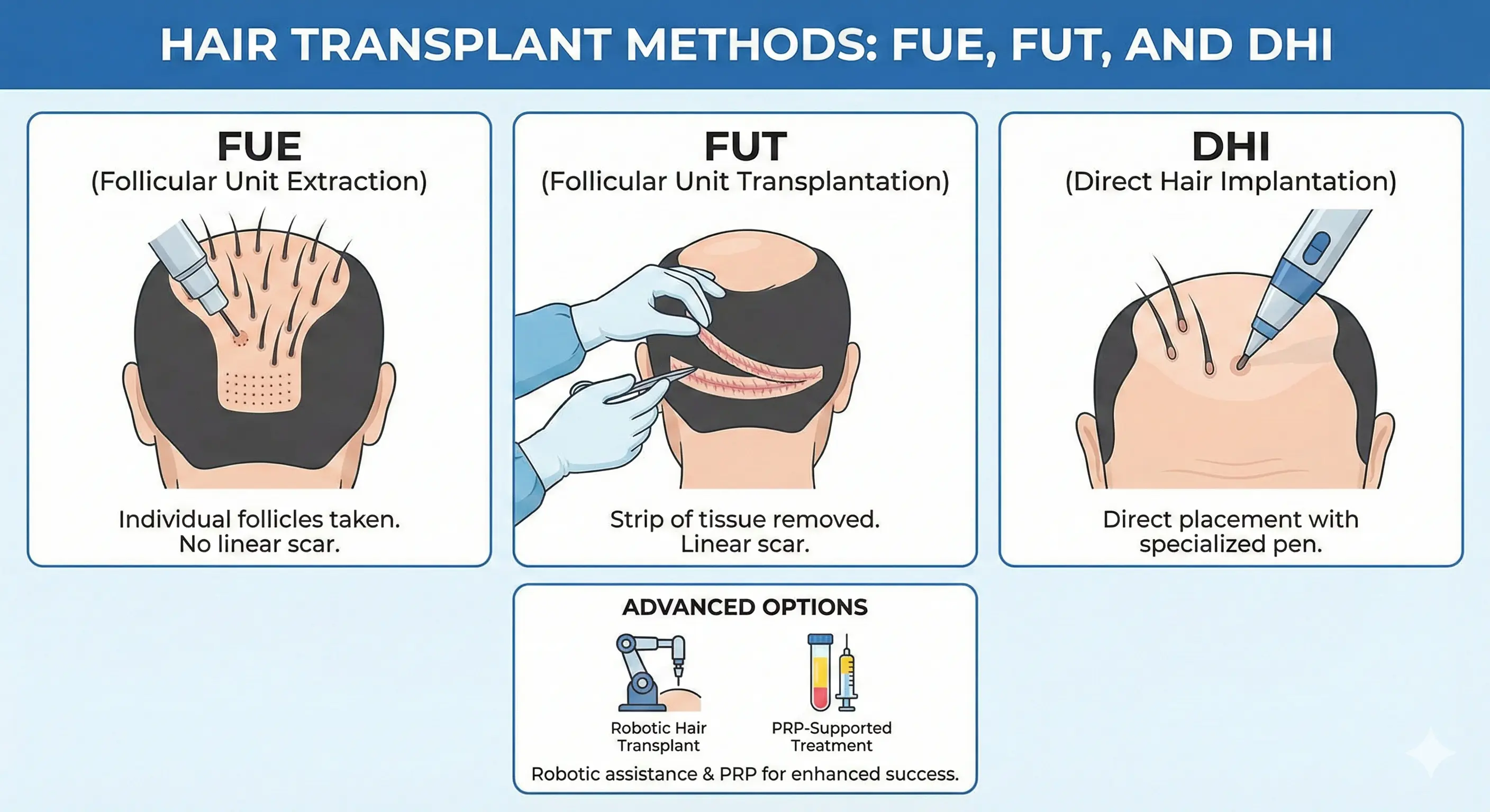 Comparison of Hair Transplant Methods: FUE, FUT, and DHI